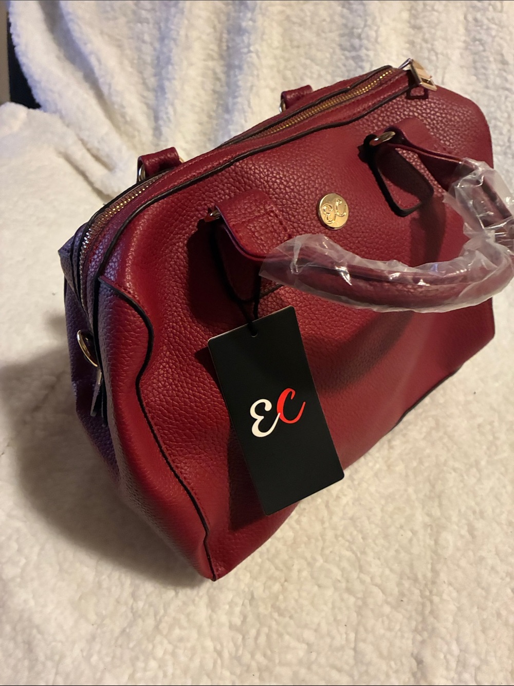 IC COLLECTION Red Pebble Leather Satchel with Gold Accent